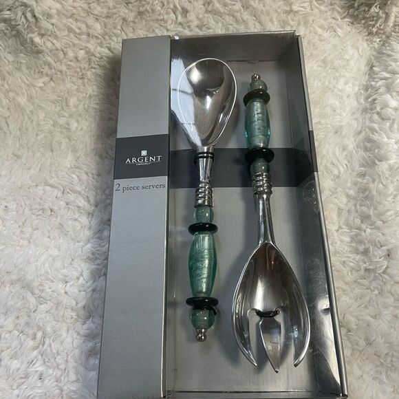 NIB Argent Orfevres Stainless Steel Ornate Plastic Handle two piece Servers - Picture 3 of 8